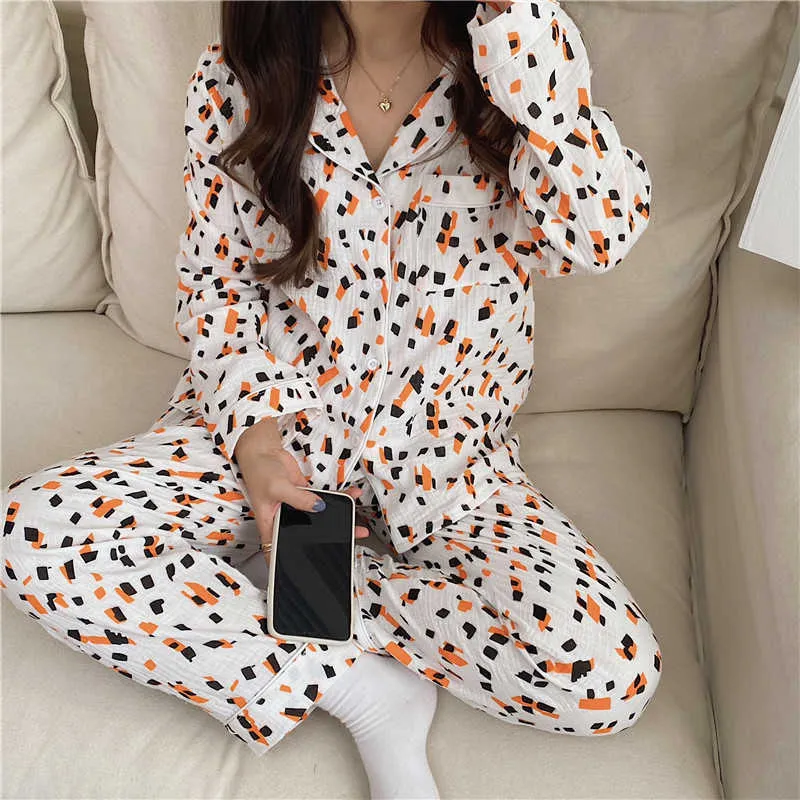 Mujeres Algodón Pijamas Impresión Trajes de dos piezas Elegante Ropa de dormir suave Mujer Femme Home Chic Conjuntos sueltos 210525