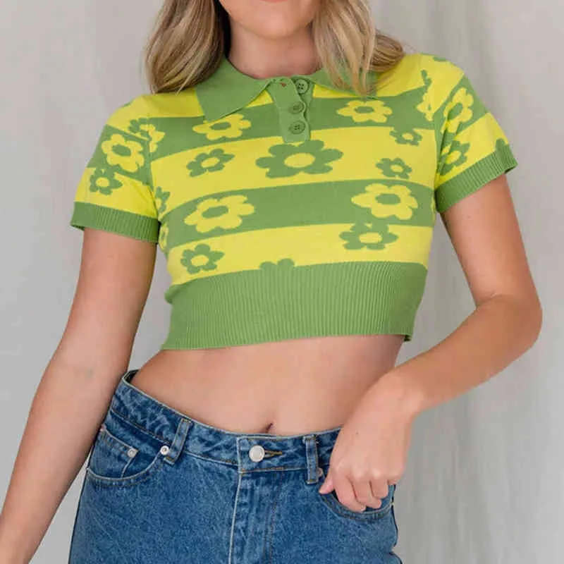 T-shirt in maglia Y2k con stampa floreale estiva kawaii ragazze con manica corta femminile colletto rovesciato maglietta verde crop top 210415