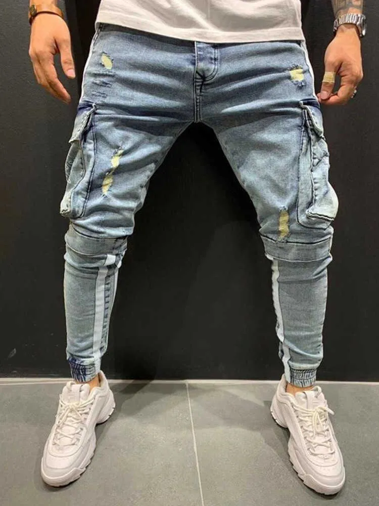 Mode heren jeans autunn driedimensionale grote zakken verticale splice potlood broek casual losse straat motorfiets broek x0621
