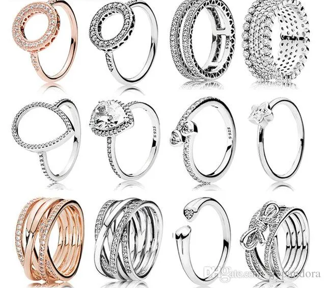 Fit Pandora 100% 925 gioielli in argento sterling zircone fascino a forma di cuore gocce d'acqua stelle anello arco rotondo anello in oro rosa vuoto