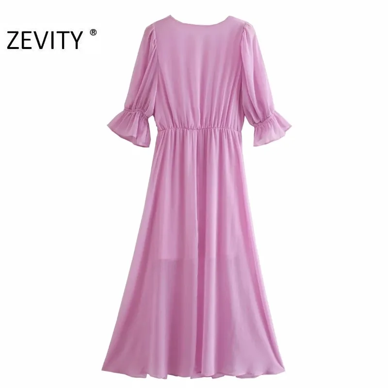 Women fashion v neck purple color casual slim a line Dress female pleats puff sleeve Vestidos Chic ruffles Dresses DS4361 210420