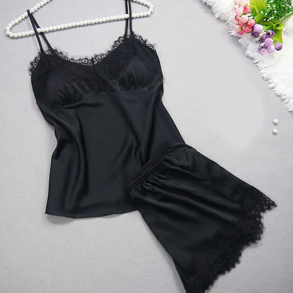 Women Sexy Lingerie Set Lace Crop Top Shorts Pajamas Set Camisole Sleepwear Satin Pijama Nightwear Pyjama Femme Night Suit Q0706