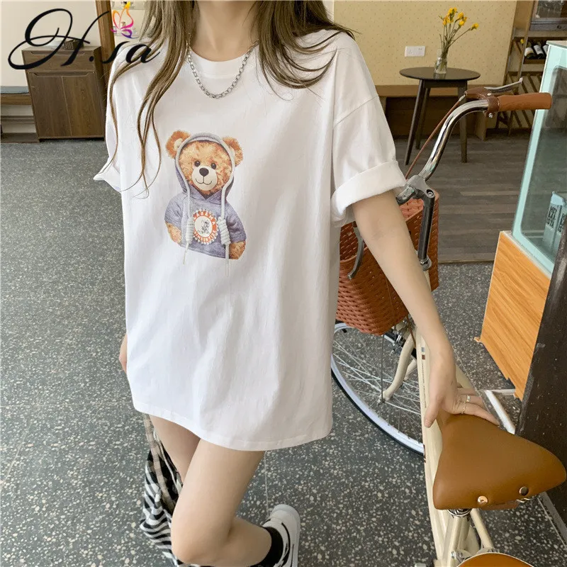 H.SA Women Summer T-shirts Short Sleeve Harajuku White Tee Tops Female Bear Tshirt Funny Cartoon T-shirt Cute Anime Top 210417