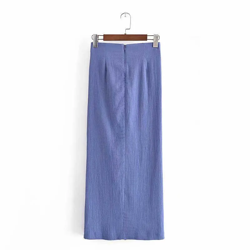 Za High Waist Print Ruched Sommar Skirt Kvinnor Texturerad Knot Vintage Midi Blue S Kvinna Chic Back Zip Slit Elegant 210629