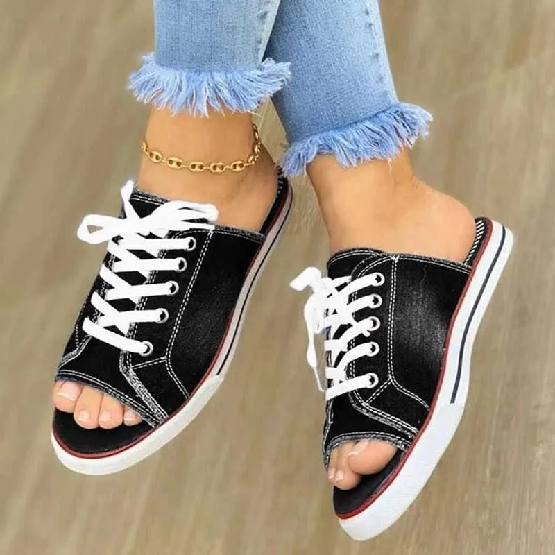 2020 Mode Kvinnor Kanvas Sandaler Andas Sommar Slippers Lace Up Open Toe Ladies Faux Denim Flat Shoes Zapatos Mujer Y0721