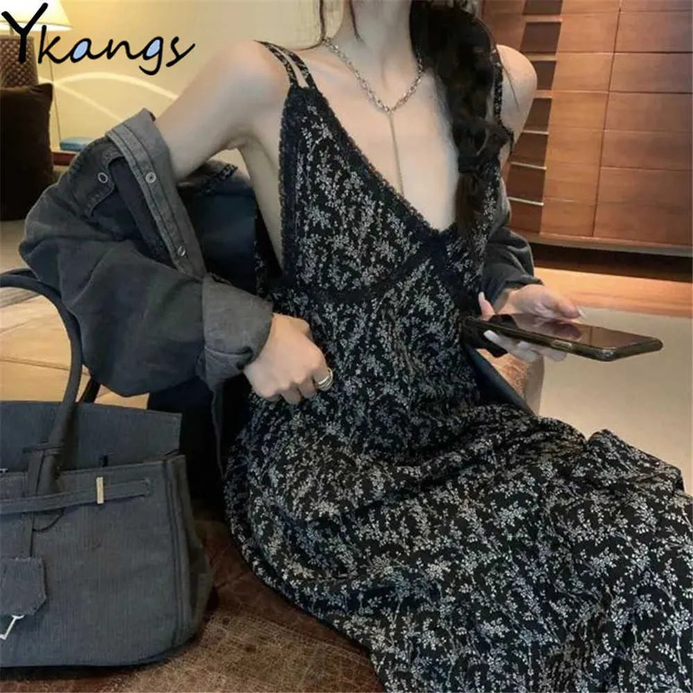 Summer Lace Patchwork Chiffon Black Floral Dress Women's Spring V-ring är ärmlös Suspender Mid-Calf Dresses Female 210619