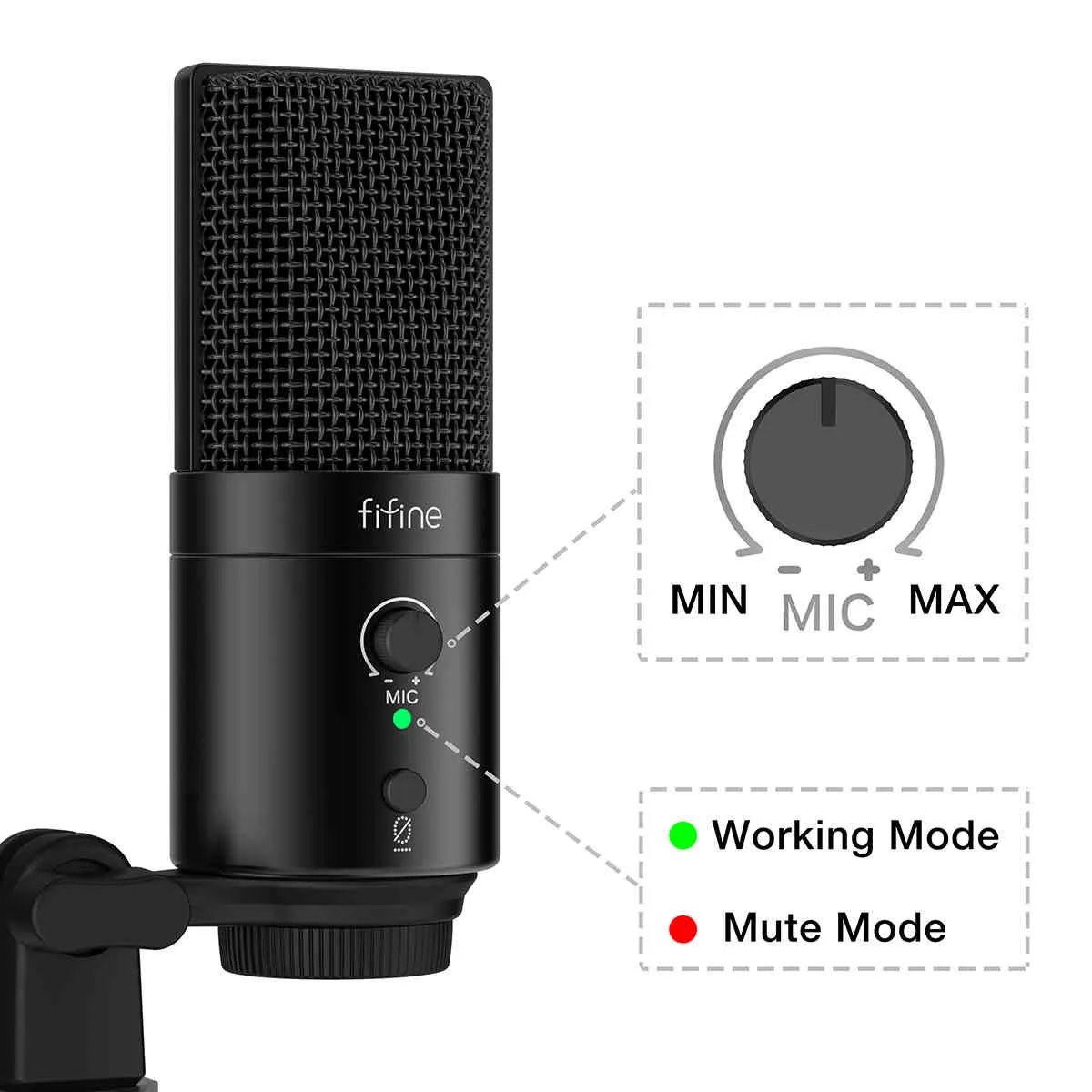 Fifine 192kHz / 24bit USBTYPE-C Mikrofon med Mute Button Gain Control Condenser PC Mic CardioID Studio Recording-K683A