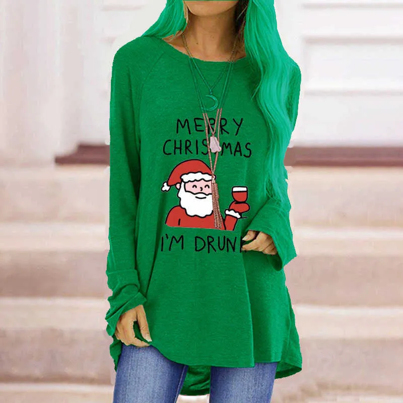 Söt jul santa print kvinnor t-shirt mode casual lös långärmad vårhöst dam toppar plus storlek s-3xl w769 210526