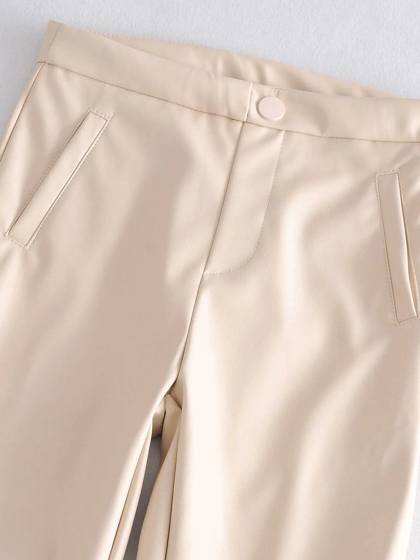 Pantaloni da donna in pelle PU beige ZA Pantaloni elastici in vita Pantaloni sportivi slim skinny casual da ufficio da donna 210915
