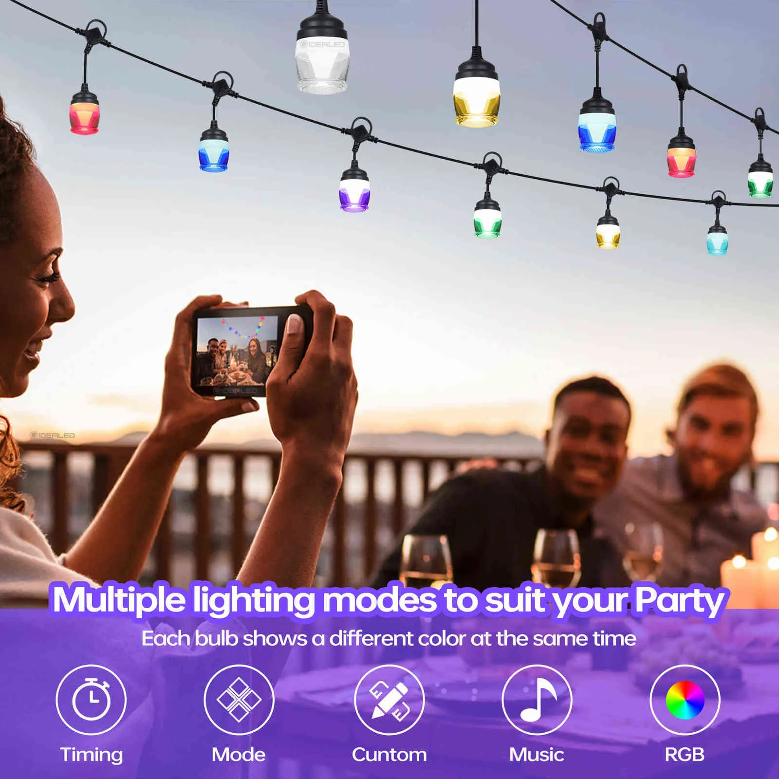 Outdoor RGB LED String Light 12 Lampadine Bluetooth APP Telecomando Atmosphere Night Lamp IP65 11.6M Garden Wedding Party 211104