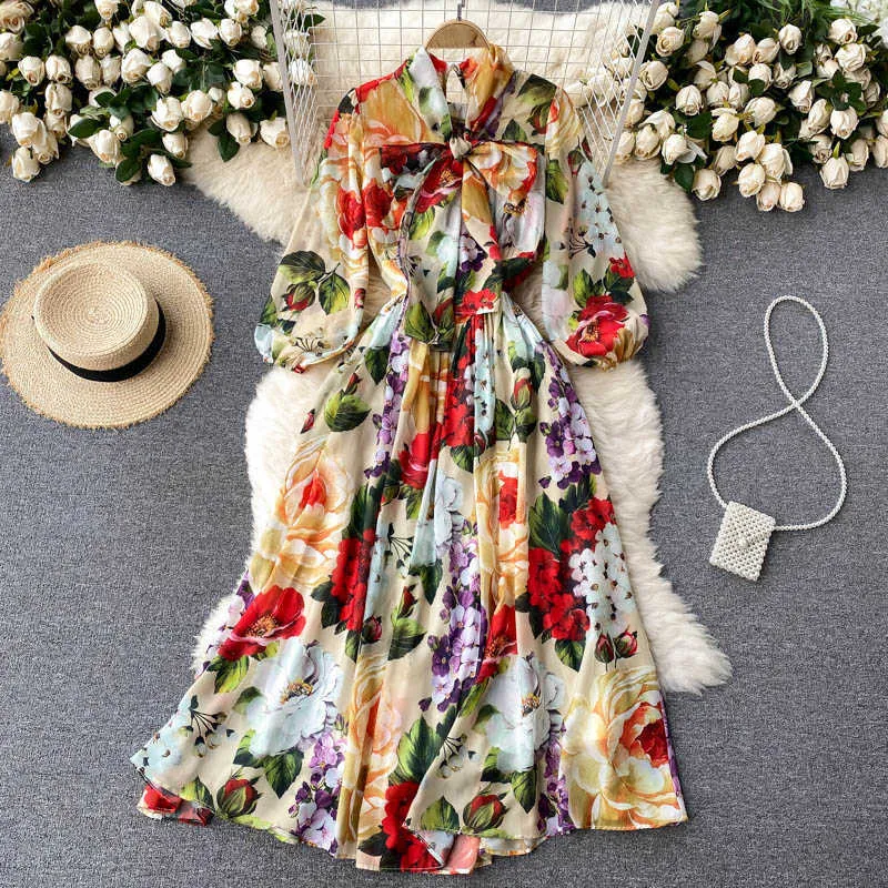 Damenmode Bogenausschnitt Elegant Bedruckt Sommer A-Linie Kleid Urlaubskleidung Vintage Vestidos de Mujer S770 210527
