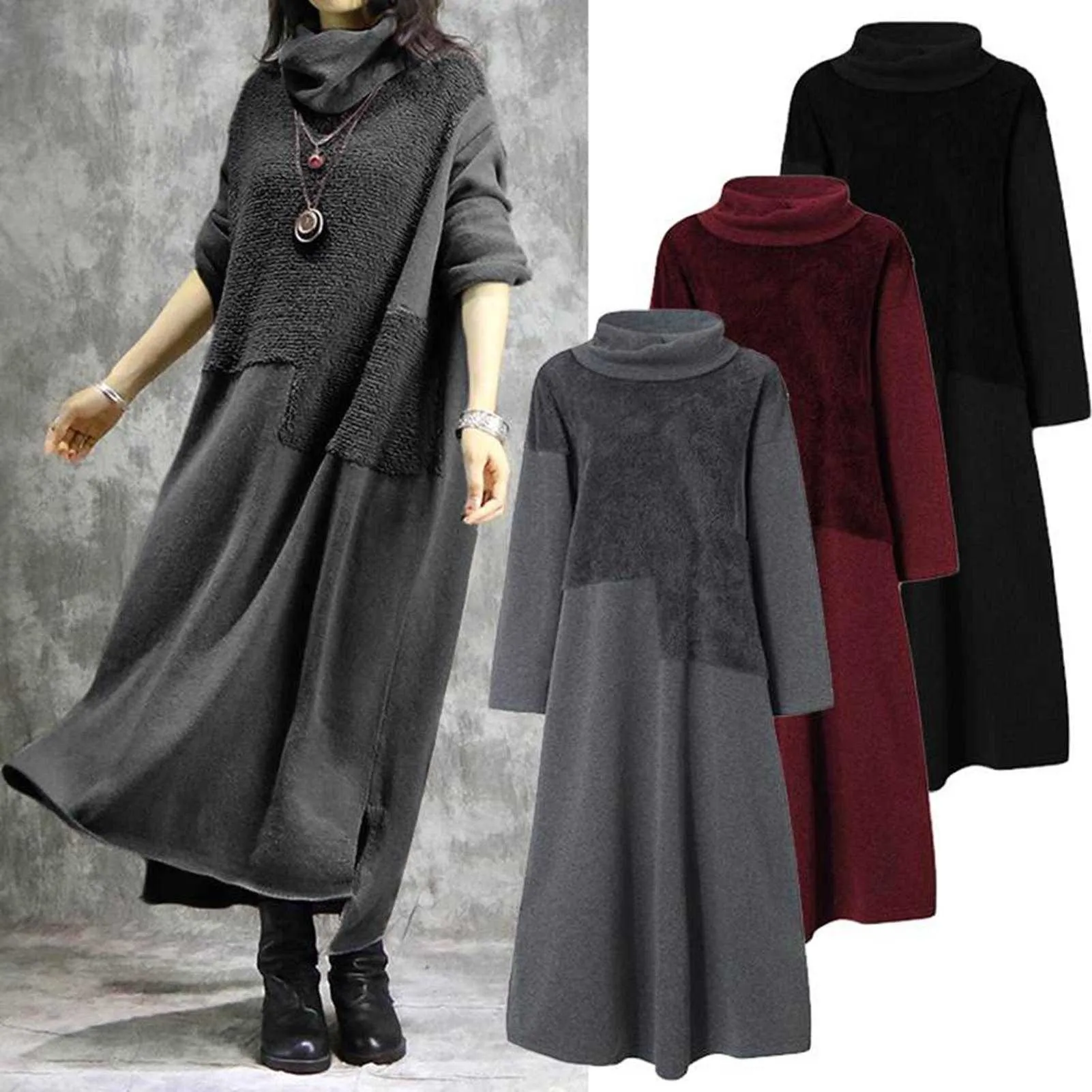 Herbst Winter Frauen Mode Kleid Rollkragen Langarm Patchwork Plüsch Unregelmäßigen Saum Maxi Kleid Plus Größe 4XL Warme Kleidung Y1006