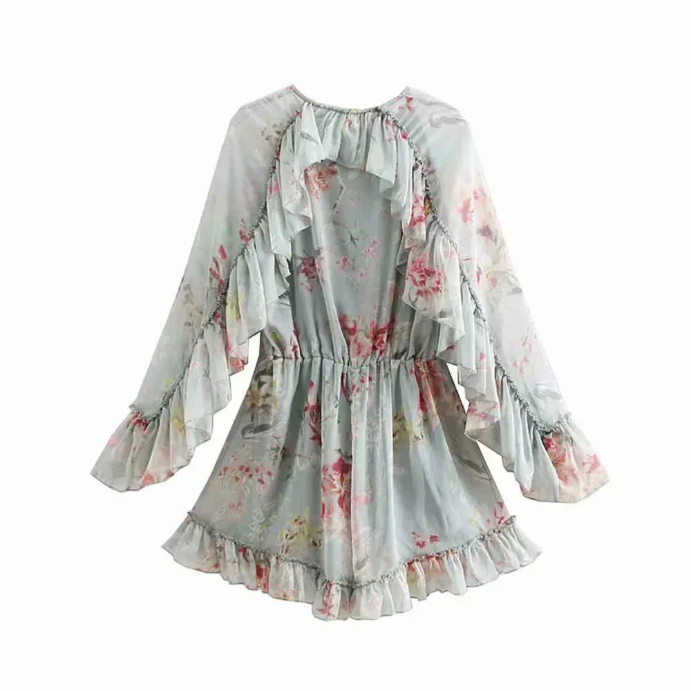 Женщины Chic Fashion Floral Print Ruffled Cool Playsuits Vintage Элегантные Длинные Рукава Галстук Бабочка Sashes Короткие комбинезоны 210531