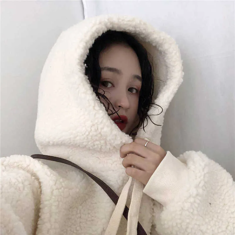 Winter Lamb Plush Warm Ladies Pullover Solid Color White Plus Velvet Thickening Casual Loose Lantern Sleeve Women Hoodie 210809