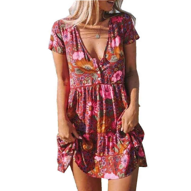 Woman Dress 2021 Summer European and American New Style Women's Printed V-neck Short-sleeved Pleated Dress Y1204