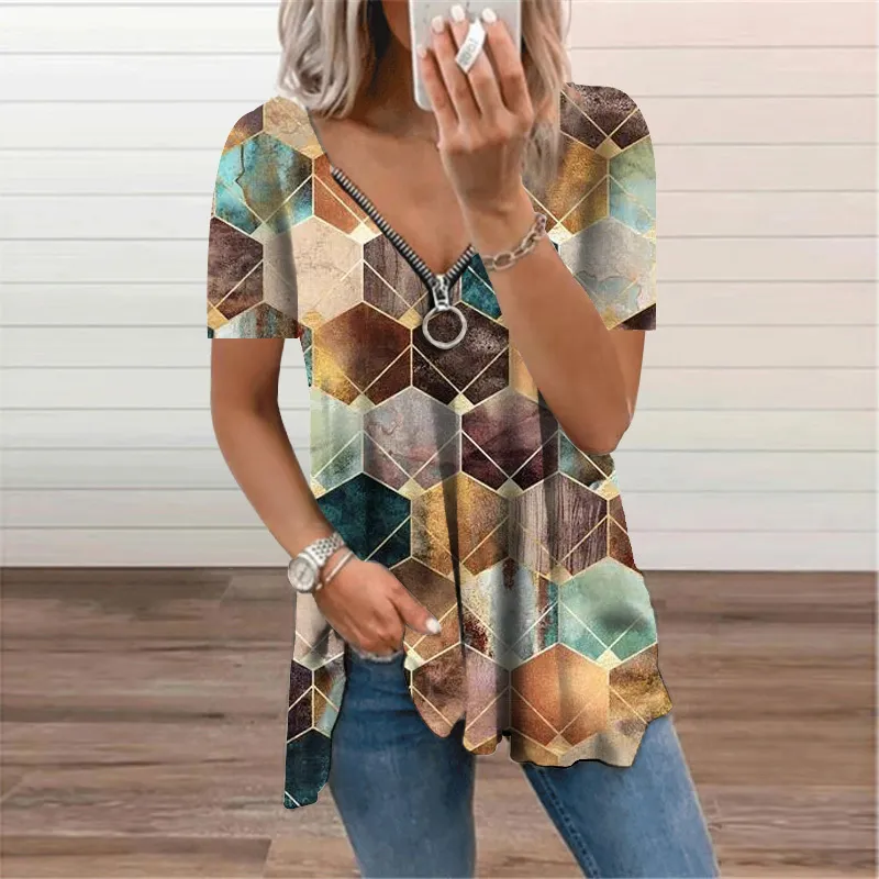 Zipper Ladies T-Shirt Oversized Print Short Sleeve V-Neck Top Tee Summer Womens Clothing Casual Loose Pullover Tunic 220304