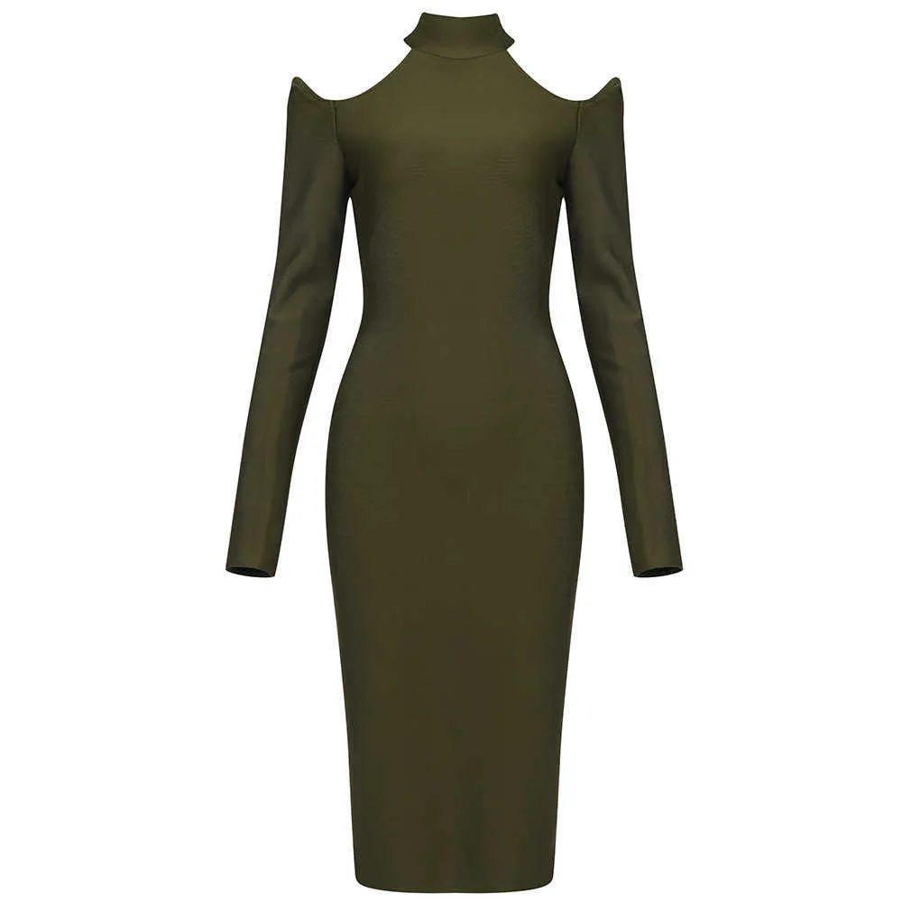 Ladies Solid Color Army Green O-Neck Hollow Strapless Full-Sleeve Knee-Length Tight Sexy Party Bandage Dress 210527