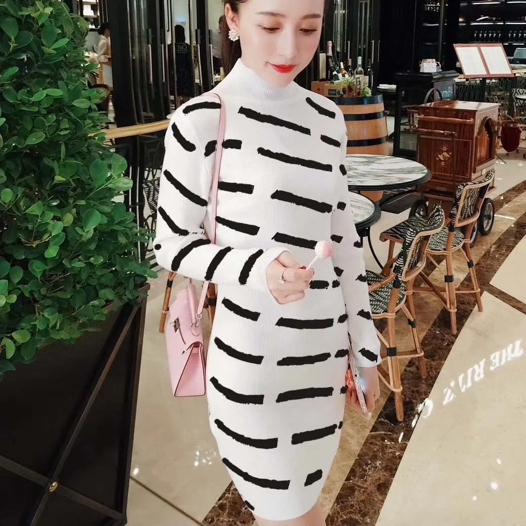 Women Casual Dress Designer Letter Classic Pattern Knit Bodycon Dresses Autumn Womens Clothing Long Sleeve 