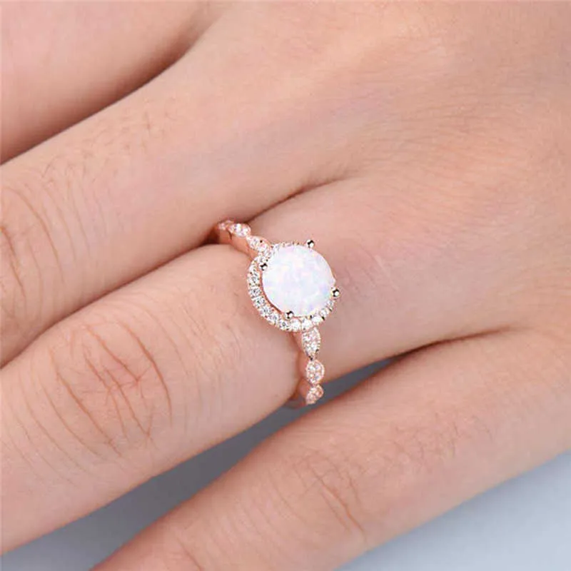 ROMAD Dainty Round Fire Opal Rings for Women Rose Gold CZ Engagement Rings in Copper Promise Ring Wedding Party Jewelry X0715