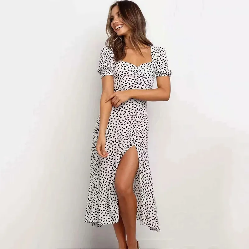 Vestido con abertura con estampado de leopardo Vintage para mujer, vestido largo maxi para vacaciones en la playa de verano, vestido elegante fruncido con cremallera dividida, vestidos 210415