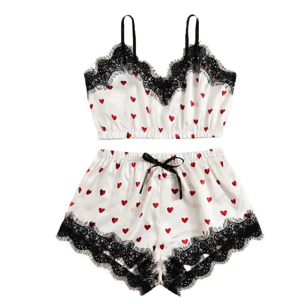 Sexy Lingerie Pigiama Set le donne Vestiti la casa Camicia da notte con scollo a V Cuore Stampa Pizzo Raso Canotta Bowknot Pantaloncini Set # YJ Q0706