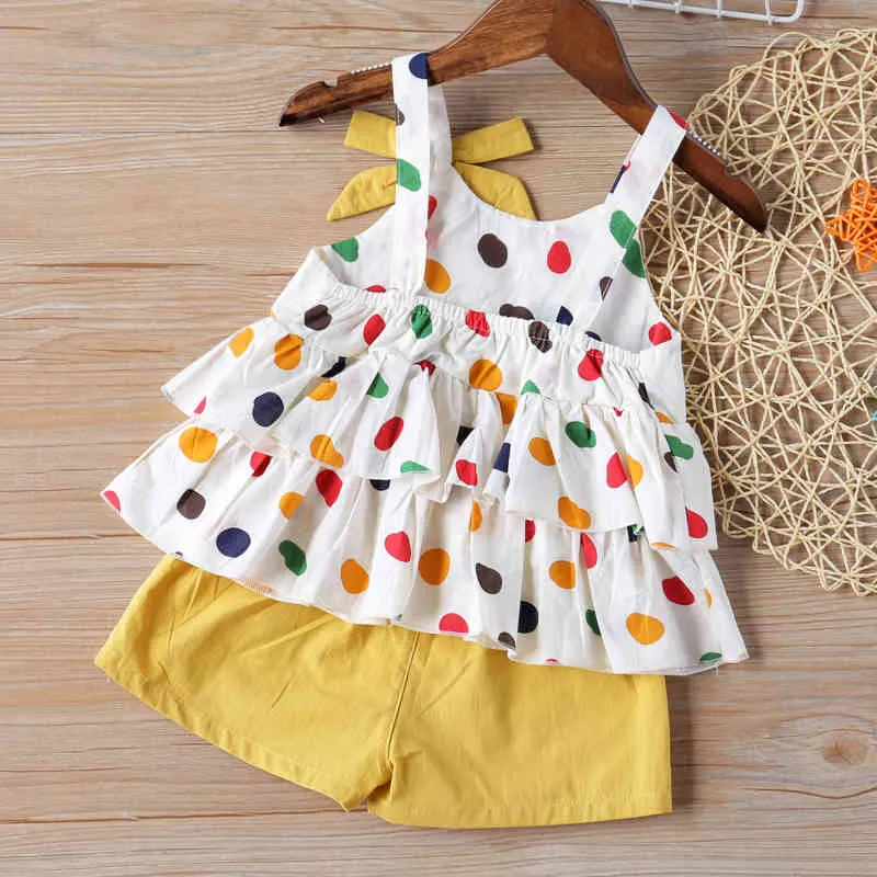 Leuke meisje kleding set zomer baby cherry polka dot gedrukt strik vest top + effen kleur shorts kinderen 2 stks 210515