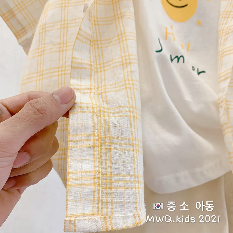 Camisa infantil de verão menino desenhos animados cute casual xadrez lapela crianças blusa para meninos 210515