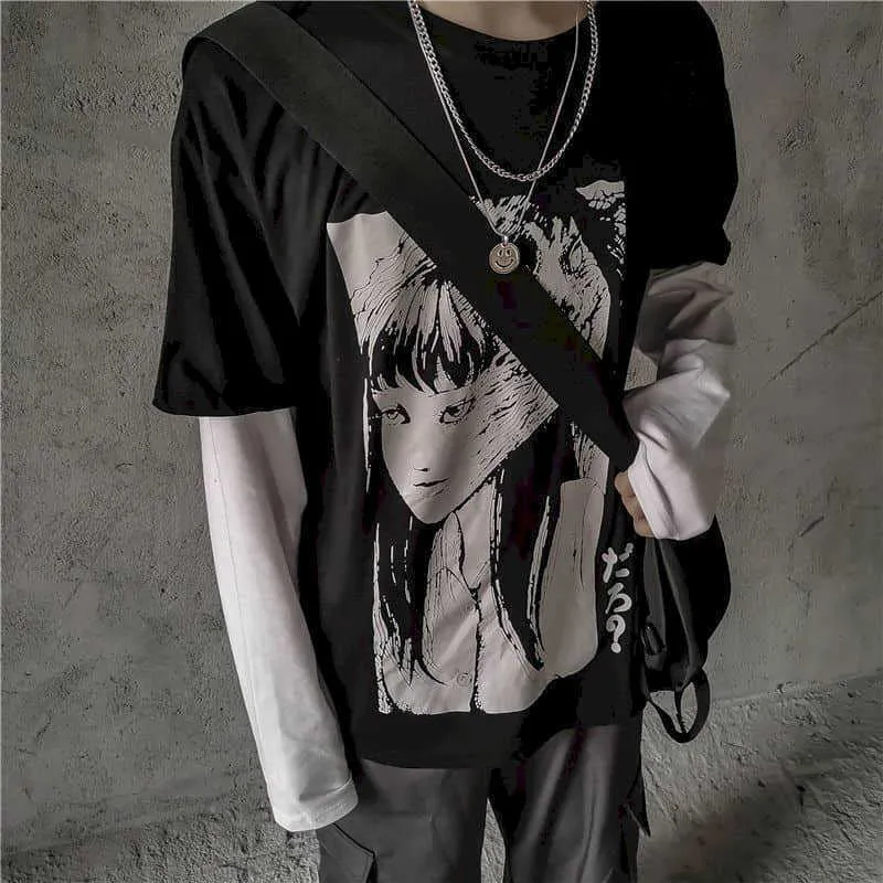 T-shirt mâle et femelle automne Harajuku Dark Cartoon Print Loose Fake Two-City Student Top Shirts à manches longues 210526