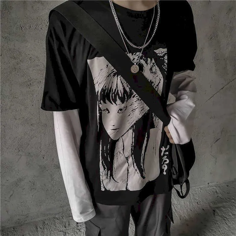 T-shirt masculino e fêmea outono harajuku escuro dos desenhos animados impressão frouxo falsificado de duas peças de mangas compridas estudante camisas 210526