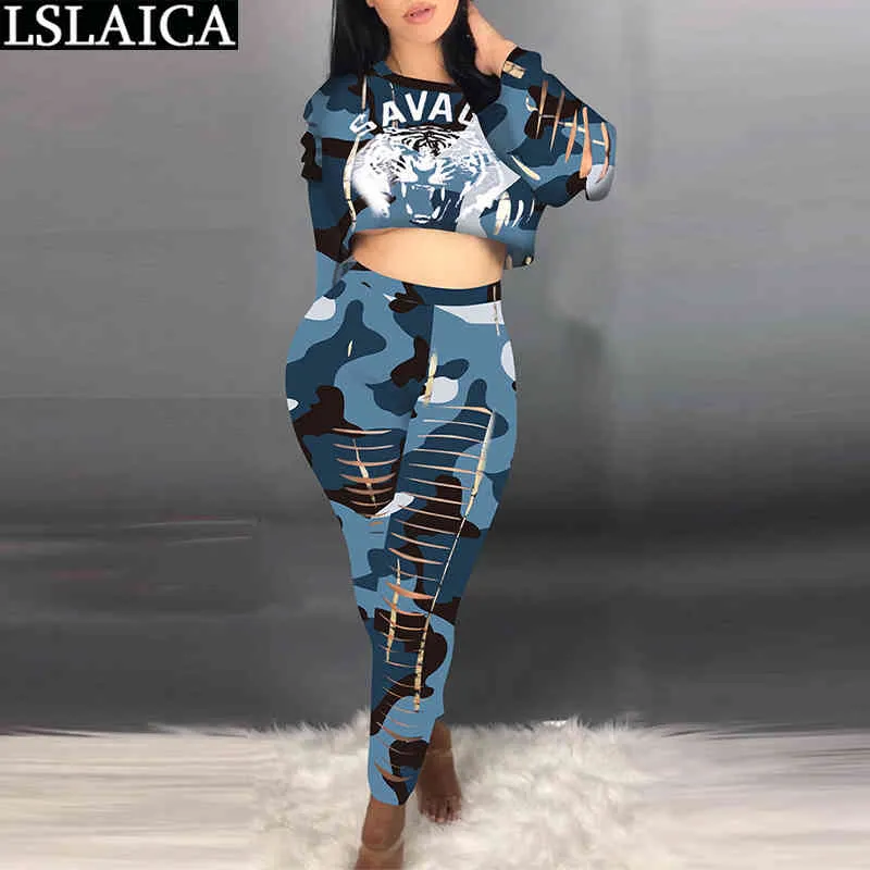 2 pièces tenues pour femmes pantalons et manches longues haut court imprimé tigre grande taille deux ensembles trou mode Camouflage survêtement 210515