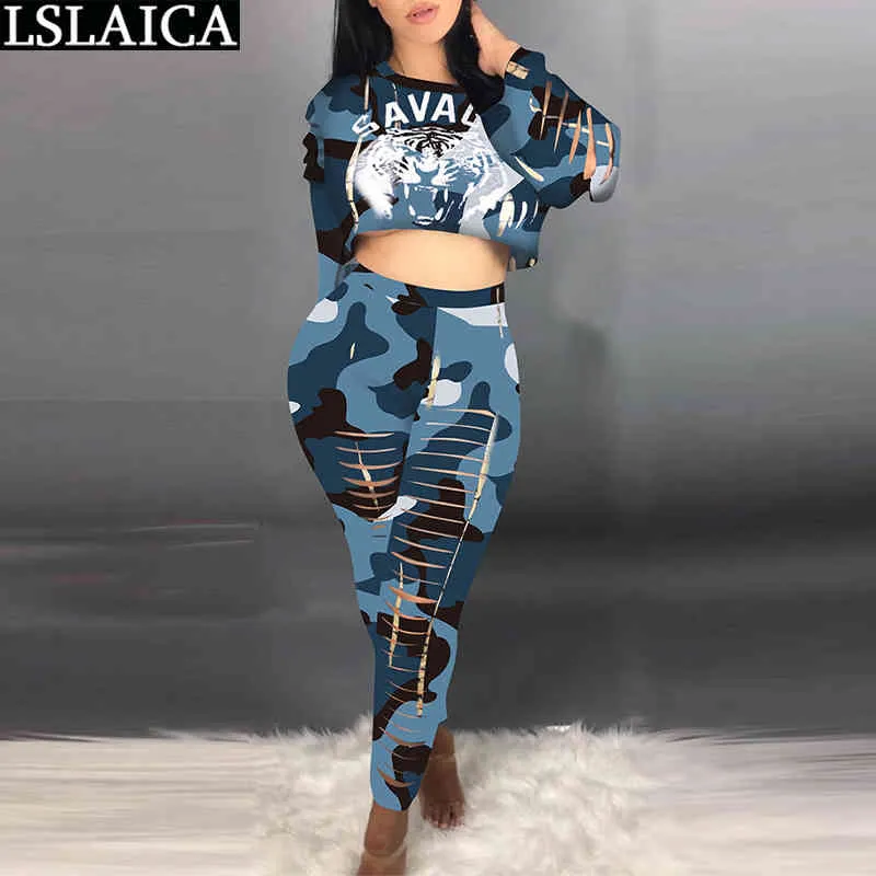 Roupas de 2 peças para as mulheres calças e print de tigre superior de colheita de manga comprida mais tamanho dois conjuntos furo moda camuflagem tracksuit 210515