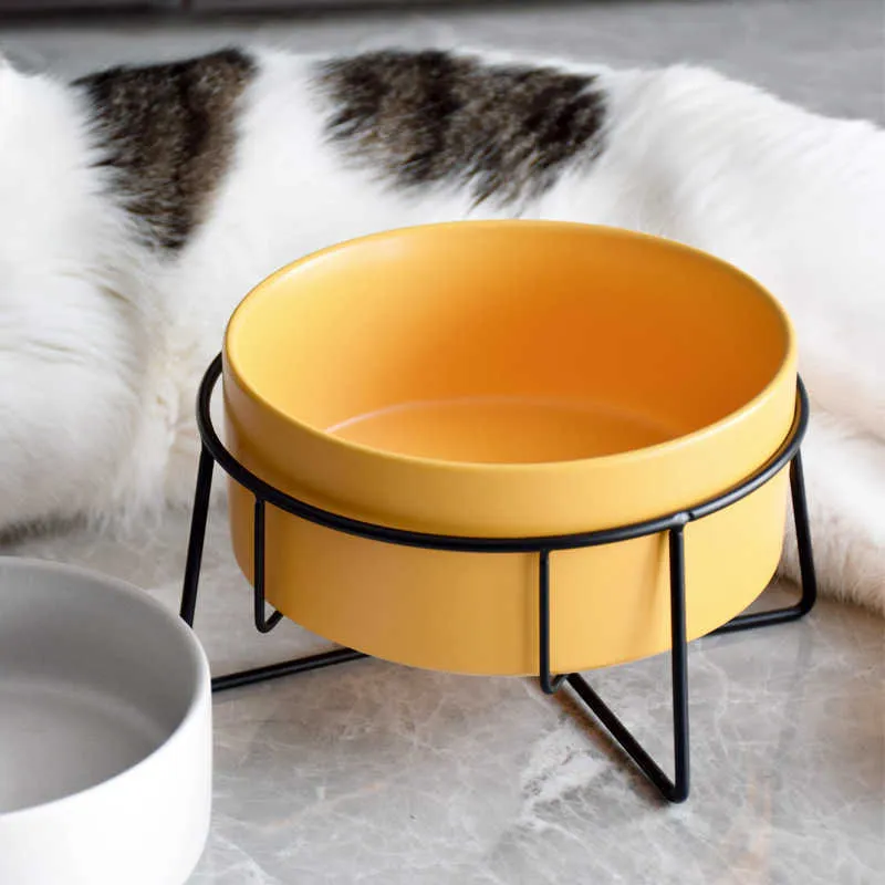 Simpatica ciotola gatti in ceramica universale animali domestici che mangiano bevendo cremagliera in bambù forniture stoviglie cani antiscivolo 210615