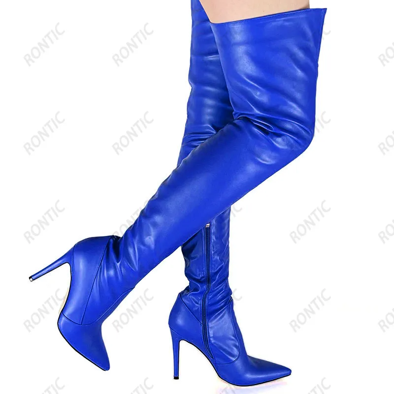 Rontic New Women Winter Thigh Boots Faux Leather Side Zipper Stiletto Heels Pointed Toe Beautiful Red Party Shoes US Size 5-15
