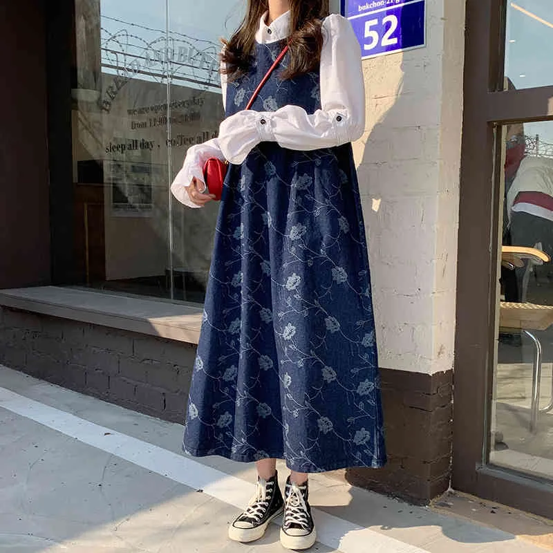 Vestido largo de primavera Estilo coreano Rose Bordado Sin mangas Vintage Vestido de tanque suelto para mujer 72838 210423