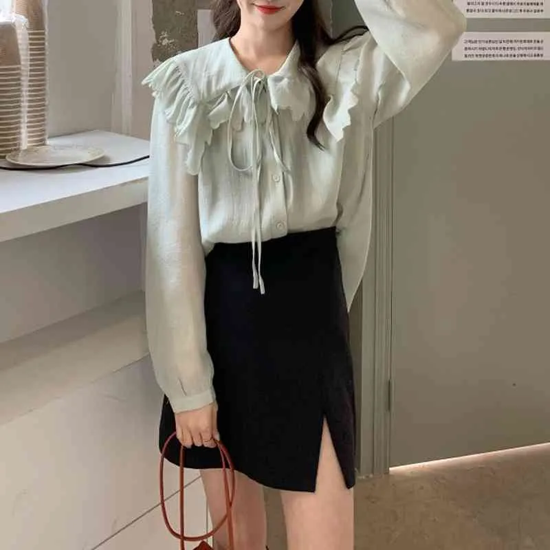 Ezgaga Elegancki Koreański Chic Kobiety Bluzka Wiosna Nowa Moda Peter Pan Collar Lace Up Kobiece Koszule Luźne Solid Casual 210430