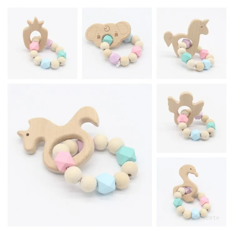 Pulseras de enfermería para bebés Mordedor de madera Cuentas de silicona Dentición Sonajeros de madera Juguetes de dibujos animados Animal Mordedor Pulseras Juguetes de enfermería Regalo T2I52125