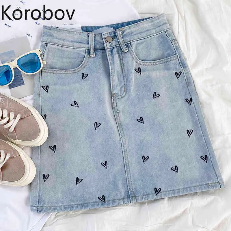 Korobov kvinnor mini kjolar koreanska preppy stil kärlek broderi vintage denim kjolar nya sommar fickor faldas mujer 210430