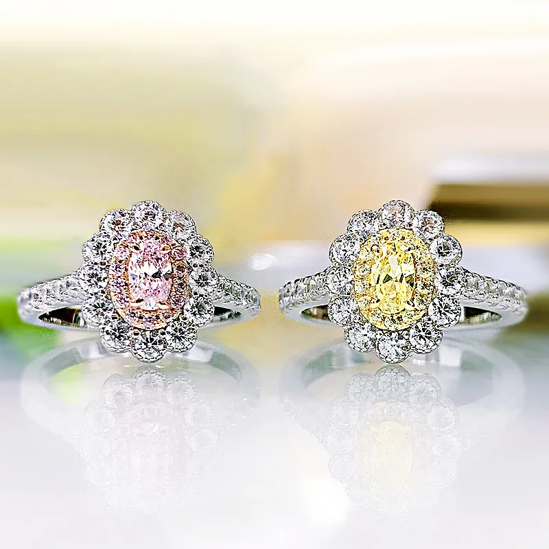 Real 925 Sterling Silver Sparkling Yellow Pink Diamond Created Moissanite Rings For Women Wedding Party Fine Jewelry