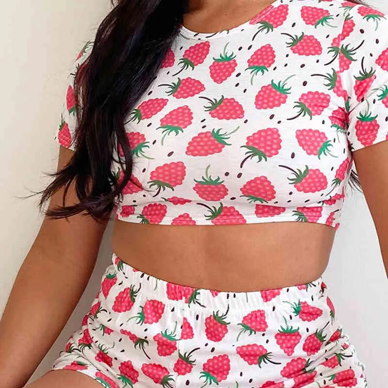 Tjejstil Sexig Härlig Raspberry Print Sets O-Neck Kortärmad Pullover T-shirt och Shorts Kvinnor Passar Casual Wear 210517