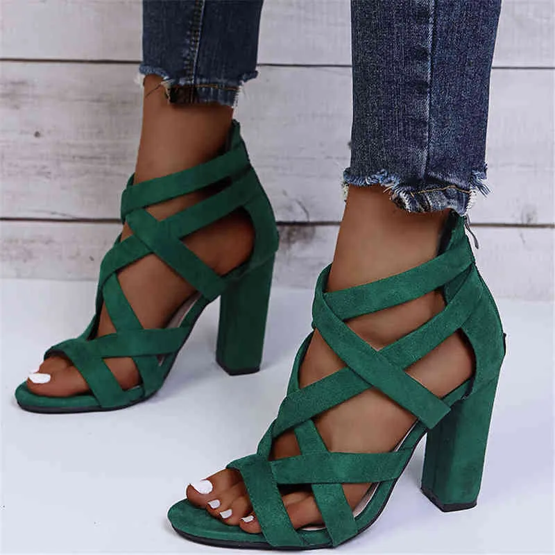 Chaussures habillées femmes pompes sandales été bout ouvert talons hauts bas bloc talon gladiateur fermeture éclair épais avec des cales Mules 220303