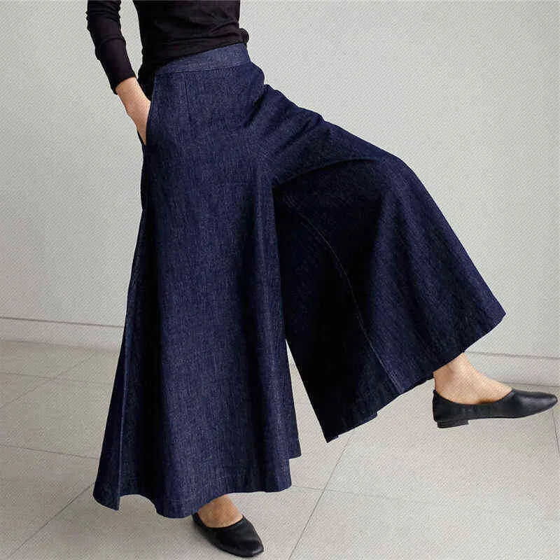 Qooth Women Alta Cintura de alto longitud Pantalones de jeans Pantalones sueltos Pockets Elásticos Femenino ancho de pierna ancha QT208 211129