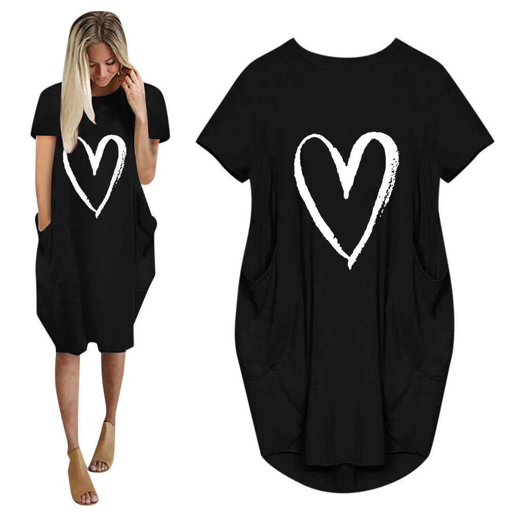 Femmes Casual Robe Lâche Avec Poches Mode O Cou À Manches Courtes Amour Imprimer Long Tops Femme Rue Plus La Taille 5XL T-shirt 210623