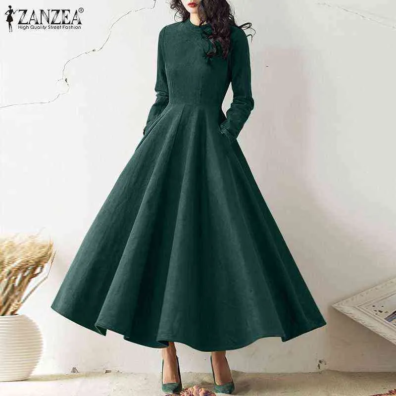 Zanzea Vintage Corduroy Maxi Dress Kvinnors Franska Elegant Lång Vestidos Fashion Party Solid Kaftan Höst Holiday Swing Dresses Y1204