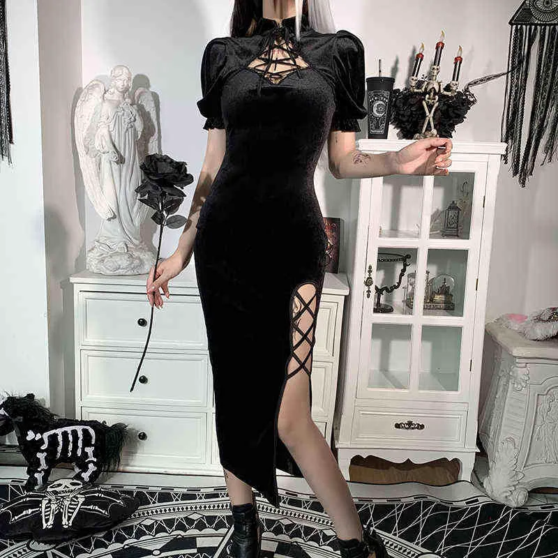 Insgoth vintage elegant svart sammet klänning kvinnor hajuku spets upp höga midja slit klänningar estetisk smal fest klänning cheongsam y1204