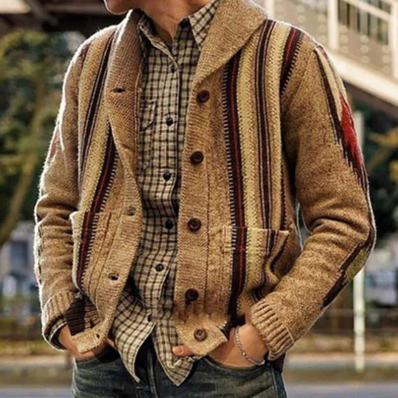 Vintage heren trui herfst winter warme dikke wollen jassen mode turn-down kraag lange mouwen brei cardigan mannen straatkleding 211018