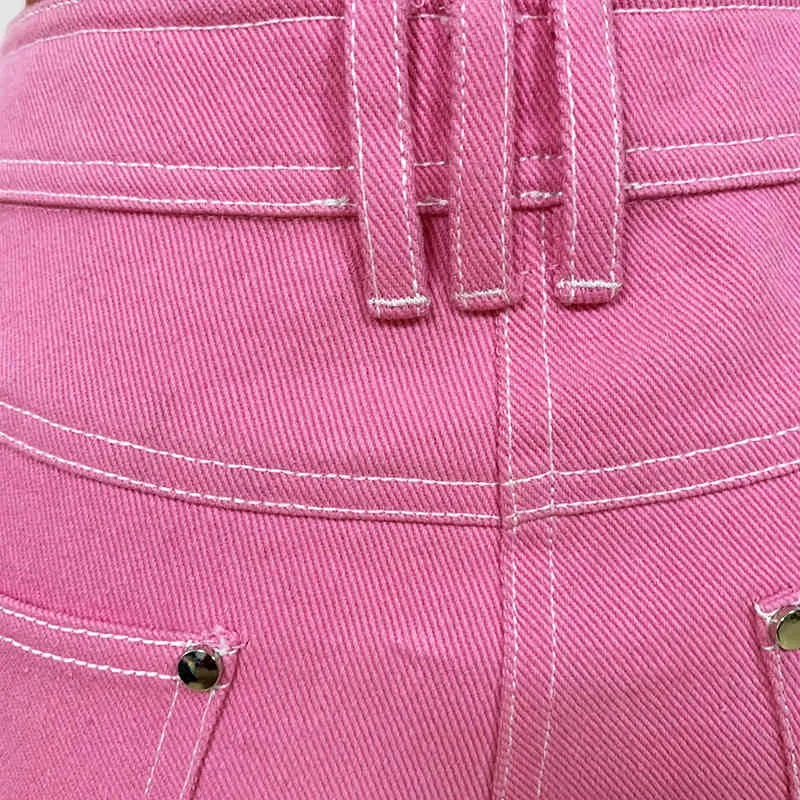 High Street Est tasarımcı kot pantolon üst dikiş kontrast pembe denim kalem pantolon 210521