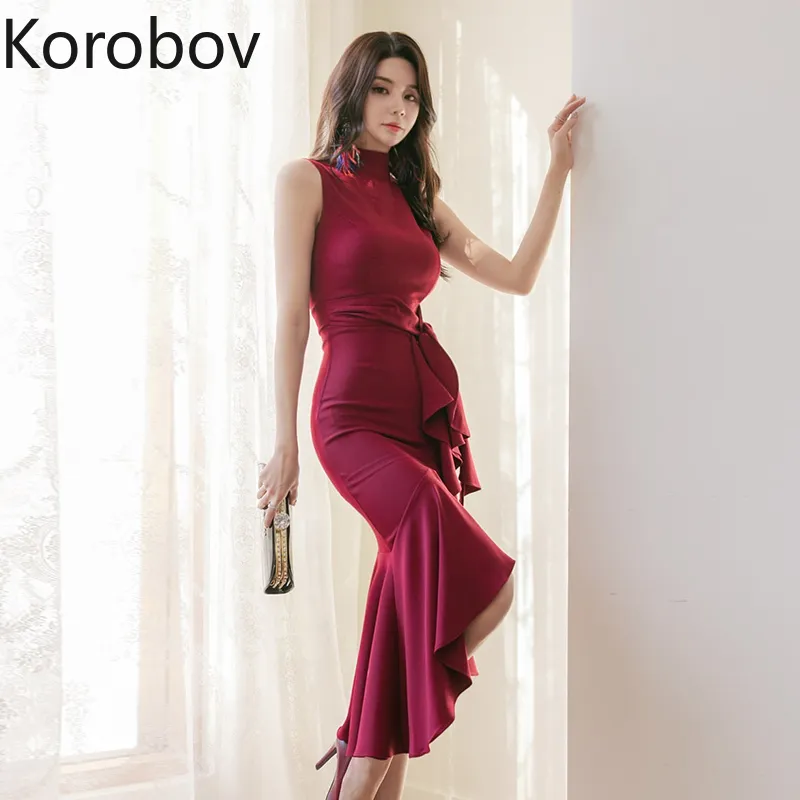 Korobov Nowe Koreańskie Eleganckie Kobiety Sukienka Vintage Stojak Kołnierz Rękaw Sznurowanie Łuk Sukienki Stałe Ruffles Trumpet Vestidos 210430