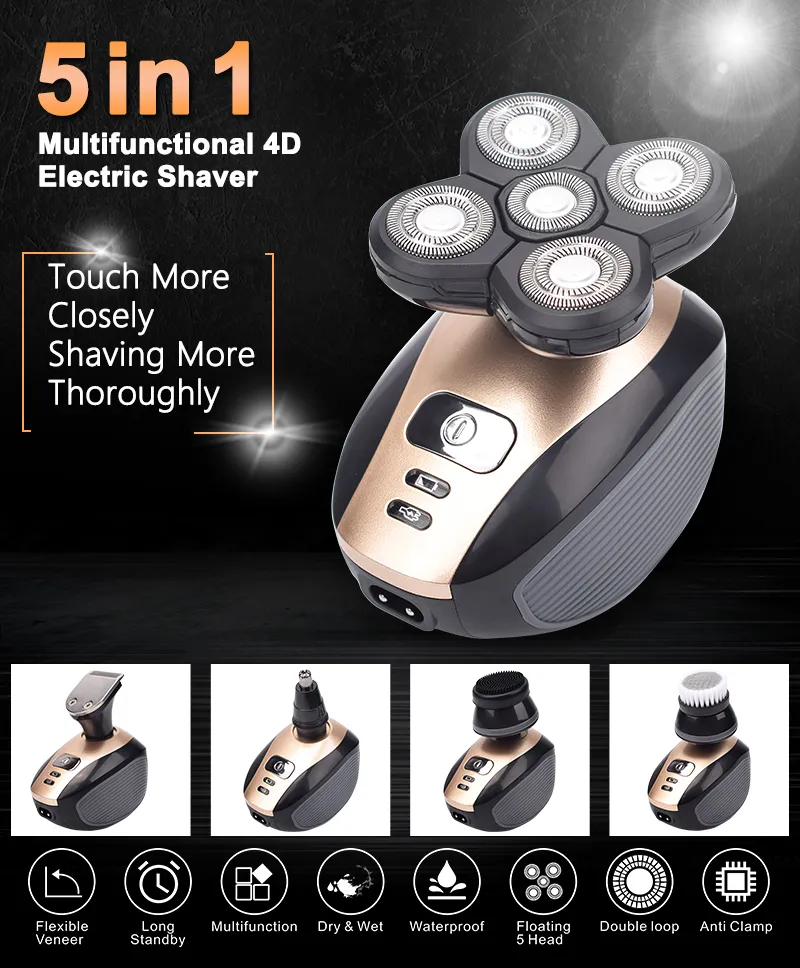 5 In 1 4D Electric Men Rechargeable Bald Head Shaver Floating Heads Beard Rotary Shavers Cordless Nose Ear Razor Clipper Facial Brush USB Charging1478402