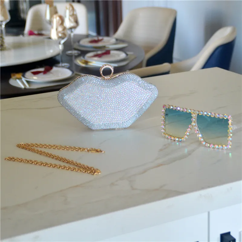 Mode lunettes de soleil robe de soirée sac strass lèvre dame pochettes cristal fête sac à main avec des lunettes