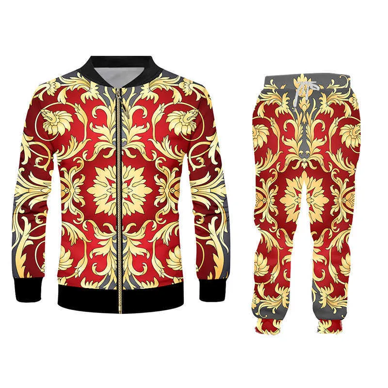 Mäns Set Casual Sets 3D Gold Flower Print Harajuku Hoodie And Jogger Pants Luxury Royal Floral Oversize Women Tracksuit x0909